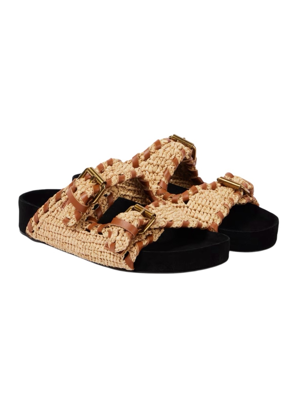 Isabel Marant Lennyo Leather Trim Raffia Buckle Slide Sandals 40